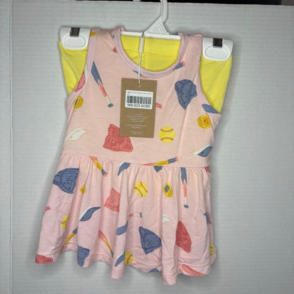Angel Dear Toddler Girl Pink Yellow Softball Peplum Tank Top & Bike Shorts 2T